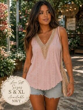 Lovesoft NWT Blush Pink Eyelet Crochet Trim  V-Neck Tank Top